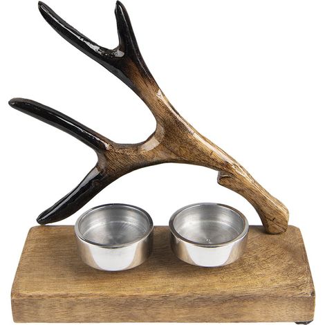 Porte-bougie chauffe-plat en bois marron 17 cm avec motif bois de cerf pour 2 bougies - PANGIVO (1/2)