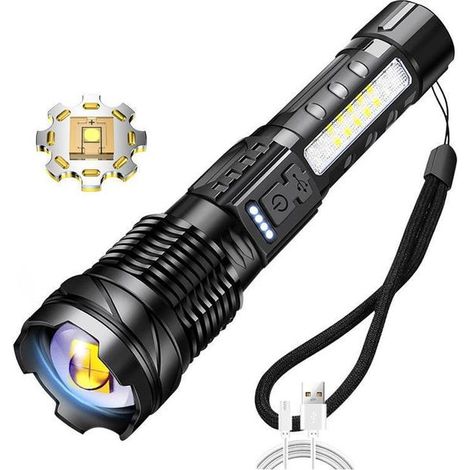 Torcia LED ultra potente, ricaricabile tramite USB, 7 modalità, torcia tattica con clip per campeggio, escursionismo e situazioni di emergenza (1/5)