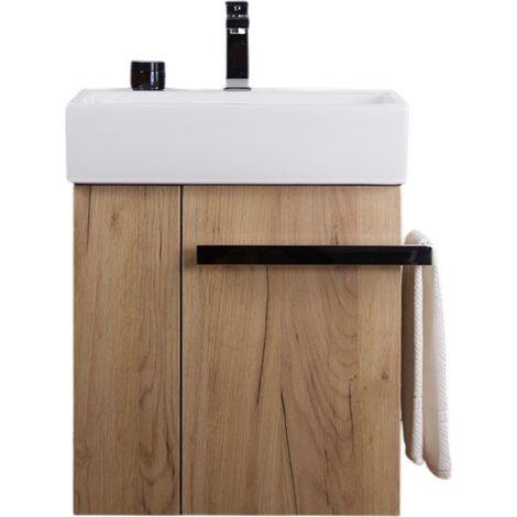 BERNSTEIN - Mueble lavabo suspendido MDF Roble 51x35x62cm, orificio grifería, cajón izquierdo/derecho + tirador toallero cromado - COMPACT500 roble (1/5)