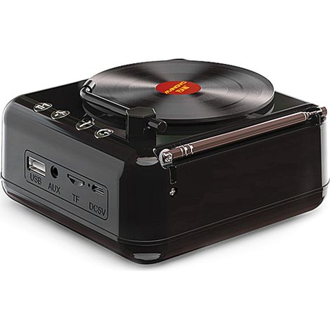Platine vinyle (noire) avec haut-parleur, port USB, Bluetooth, lecteur de cartes TF/clés USB et entrée auxiliaire.