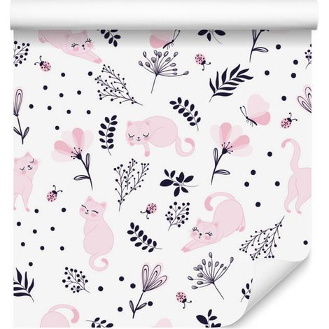 Carta da parati con gattini rosa addormentati per soggiorno e camera da letto, 50x1000 cm (1/5)