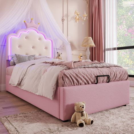 Letto per bambini 90x200cm Letto contenitore idraulico Illuminazione ambientale Telecomando PU colore rosa (Materasso non incluso) (1/5)