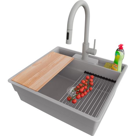 PRIMAGRAN Evier Cuisine en Granit 58x53cm,Lavabo 1 bac + Robinet 40x20cm + Kit de Vidage + Accessoires, Évier à Encastrer au meuble 60cm - New York, Gris (1/5)