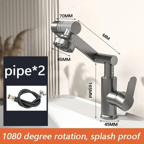 (2A-G3/8) Robinet de salle de bain pivotant à 1080°, robinet d'évier de cuisine en acier inoxydable avec eau chaude et froide et 2 modes d'utilisation, argent/noir (1/5)