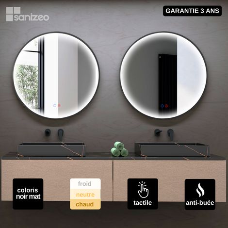 Miroir Salle de Bains Lumineux NÉPAL Anti-Buée et Éclairage Périmétral Triled Tactile On/Off Ø80 Noir Mat by SANIZÉO (1/5)