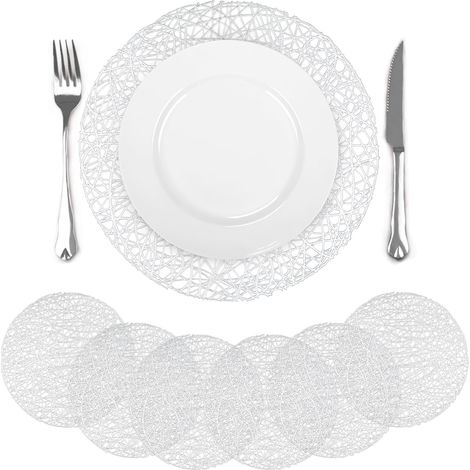 Lot de 6 sets de table ronds 38 × 38 cm motif lignes argentées en PVC ajouré imperméables résistants aux taches d’huile et faciles à nettoyer (1/5)