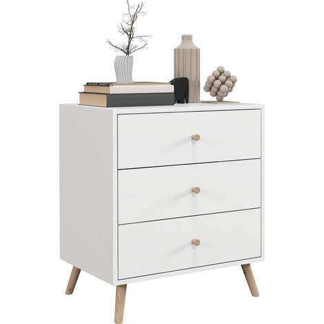 Commode 3 tiroirs Design scandinave Meuble de Rangement Chambre MDF Blanc poignée piètement effilé Bois Massif de pin