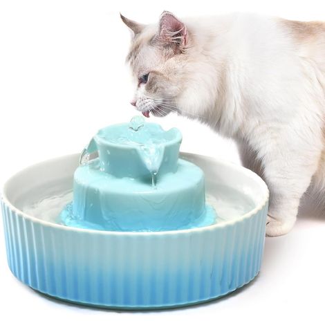 Fontaine à eau en céramique pour chat et chien - 2,1 l - Avec filtre de rechange et pompe intelligente en mousse - Bleu (1/5)
