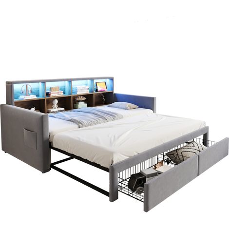 CHICFURN Canapé-lit 90 x 190 cm en velours gris clair, lit gigogne extensible 180 cm, tête de lit avec rangements, LED, prises USB-C et 2 tiroirs pour chambre et invités (1/5)