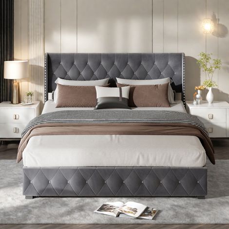 Cama tapizada 140x200cm, cama funcional hidráulica, cama doble, camas con canapé, gran espacio de almacenaje, diseño de remaches con tiradores, acabado terciopelo, gris oscuro (1/5)
