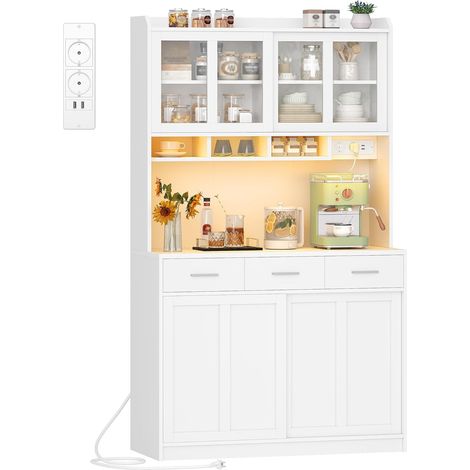 Armoire de Cuisine, Buffet avec Éclairage LED et Multiprise, Plan de Travail, 3 Tiroirs, Étagères Réglables, Portes Coulissantes, pour Cuisine,Blanc