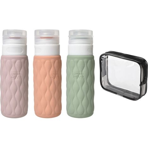 Juego de 4 botellas de viaje de silicona de 100 ml con válvula antigoteo y estuche transparente, aptas para equipaje de mano. (1/5)