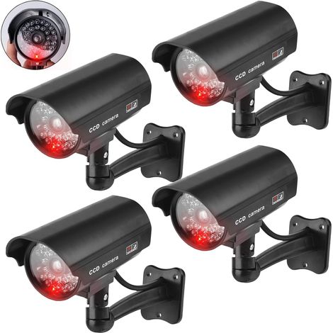 Lot de 4 caméras factice d'extérieur avec LED clignotante rouge - Caméra de surveillance factice extérieure - Caméra de sécurité pour l'intérieur et l'extérieur (noir) (1/5)
