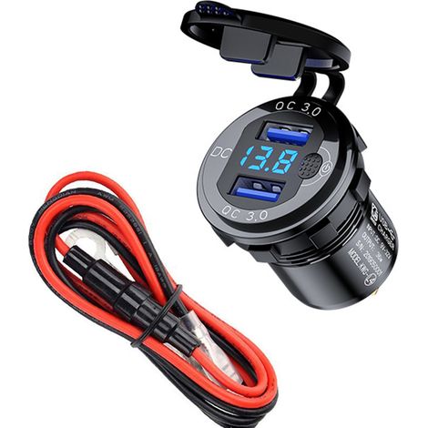 Chargeur de voiture avec prise USB 12 V et interrupteur, adaptateur allume-cigare étanche en métal 24 V/12 V à charge rapide 3.0 pour moto, caravane, bateau et camion. (1/5)