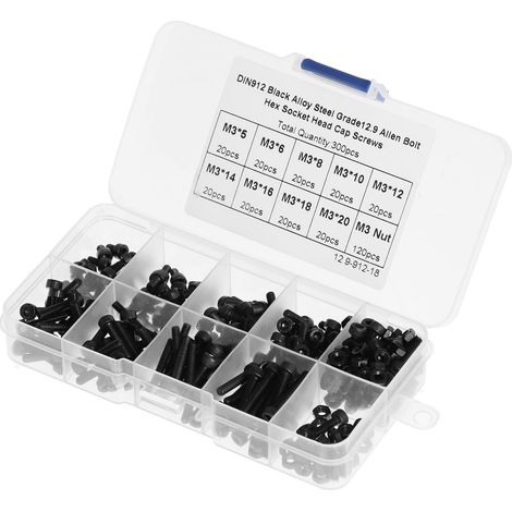 Assortiment de 300 vis et écrous hexagonaux M3 à tête cylindrique creuse en acier allié DIN912