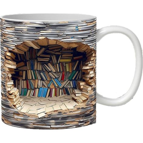 Estantería 3D para 1 taza, diseño realista de librería, cerámica duradera, asa ergonómica, para oficina y hogar. (1/5)