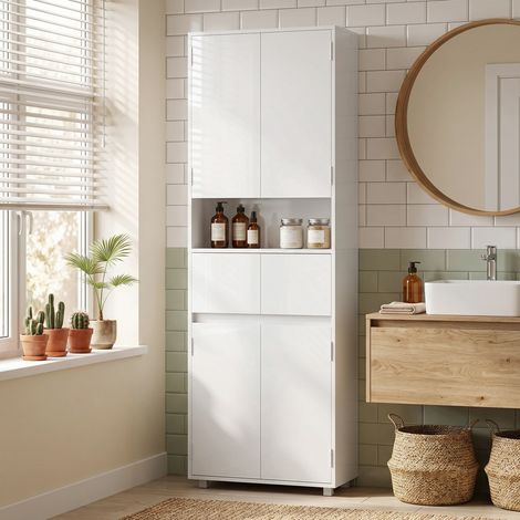 Meuble Haut de Salle de Bain Blanc Brillant, Finition Laquée, avec Tiroirs et Étagères, Design Compact, Rangement pour Salle d'Eau (1/5)