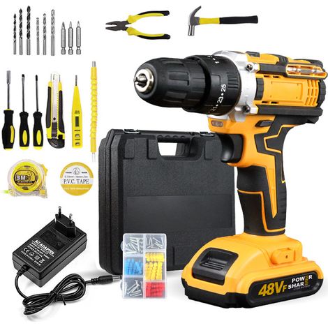 Taladro atornillador inalámbrico de 48 V, destornillador con 2 baterías de 2,0 Ah, par de impacto de 42 Nm, 20 accesorios, 2 velocidades, LED, para bricolaje, amarillo