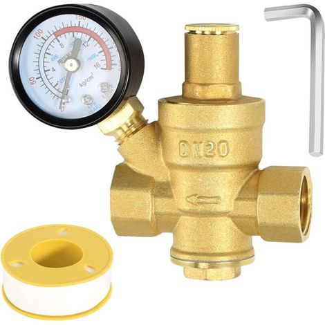 Reducteur de Pression eau DN20 Avec Manometre Pression eau, Fabriqué en Laiton de Haute Dureté, Réducteur de Pression d'eau Limiteur de Pression (1/4)