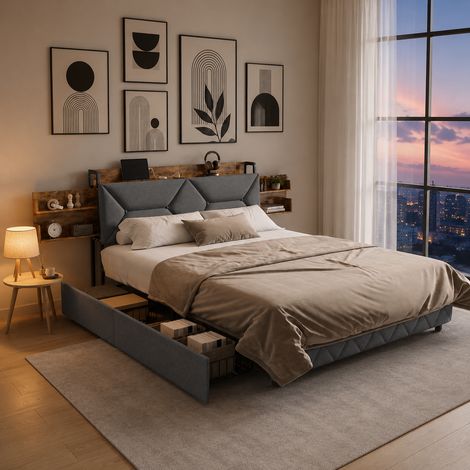 Lit coffre double adulte 160x200 cm en velours capitonné avec 4 tiroirs extra-larges, tête de lit extensible, éclairage LED, ports USB et Type-C, sommier à lattes (1/5)