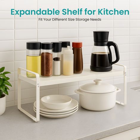 Expandable Kitchen Cupboard Organiser Multi-Purpose Shelf Organiser Cupboard Shelf Organiser for Home and Kitchen Storage Black (White, 2 Tier) (1/5)