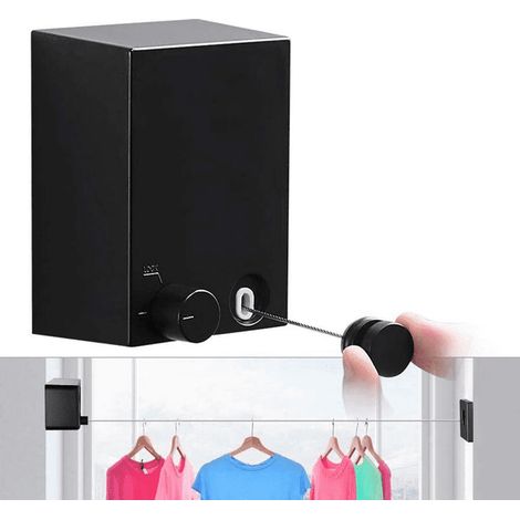 Corde à linge rétractable intérieure 4,2m, séchoir mural escamotable noir, fil à linge extensible pour buanderie, design gain de place, kit de séchage suspendu (1/5)