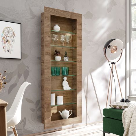 Armoire suspendue Como – Chêne miel truffé – 6 étagères en verre – Design minimaliste pour salon ou chambre