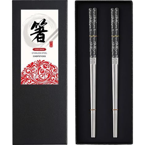 Lot de 2 paires de baguettes réutilisables en acier inoxydable, Sushi Métal Lavables au Lave-vaisselle Antidérapant Chopsticks pour Restaurants Familles (1/5)