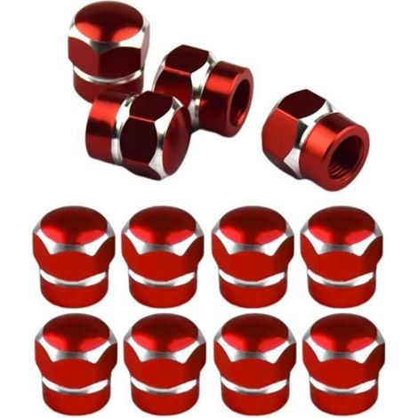 12 Bouchons Valve Pneu Aluminium, Joint Hexagonal Rouge Moto Vélo (1/3)