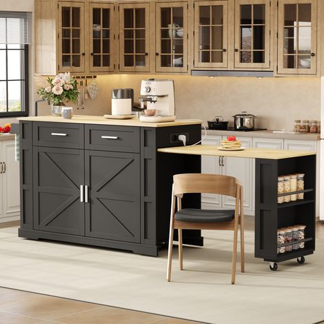 Isla de cocina móvil con tabla extensible, USB, 130x50x93 cm, negro DESVIAE (1/5)