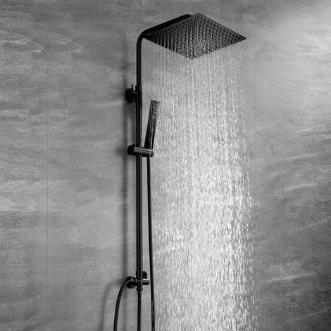 Görbach Duschsäule ohne Armatur Schwarz matt – XXL Regendusche eckig 30x30 cm aus 304 Edelstahl – Höhen- und winkelverstellbar – Antikalk – Passend für vorhandene Bohrlöcher