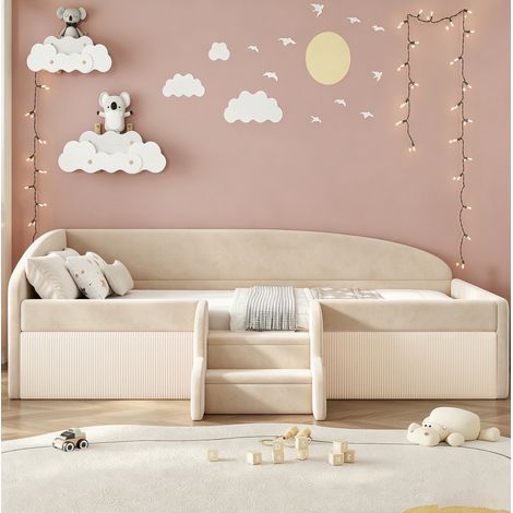 Etagenbett 90x190 cm beige aus Samt mit Schutzbügel und rutschfesten Stufen (1/5)