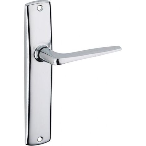 Poignée de porte d'entrée à cylindre chromée – Entr'axe 165mm – Acier embouti – Forme bec de cane – Vis métal sécables (1/3)