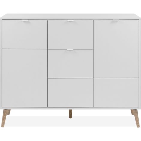 Credenza 3 porte, 1 cassetti decorazione bianca e rovere L115 cm - KLINT
