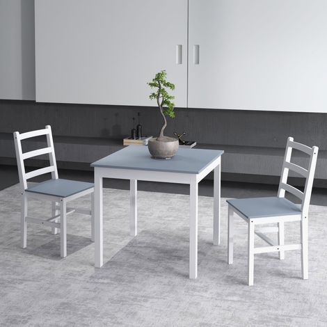 Essgruppe für 2 Personen, 2 Stühle, 1 Tisch, Kiefernholz, Weiß + Grau