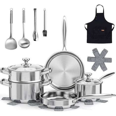 Ensemble de casseroles en acier inoxydable 16 pièces, ensemble de casseroles à induction Ensemble d'ustensiles de cuisine compatibles avec toutes les cuisinières