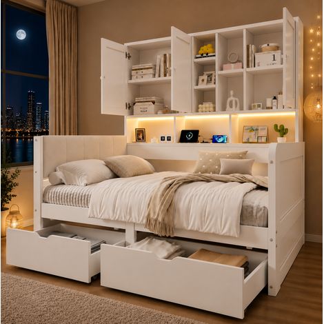 Kinderbett 90 x 200 cm mit Stauraum, LED, USB-Anschlüssen und gepolstertem Kopfteil, weiß OKMYHOME (1/5)