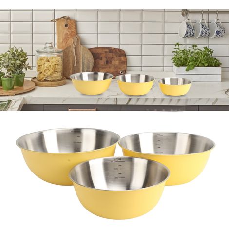 Bol de cuisine japonais en acier inoxydable 304 avec graduations, saladier, bol à pâtisserie, bol à pétrir, bol à battre les œufs (lot de 3) - Jaune crème - Emballage boîte couleur (1/5)