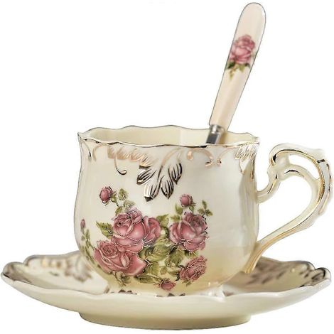 Service à thé Pink Rose, tasse et soucoupe 240 ml, en céramique blanc ivoire, avec cuillère. (1/5)