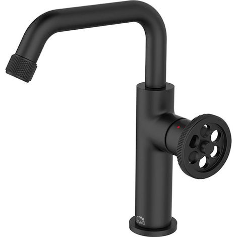 Robinet de lavabo sur pied – Bec en L – Finition noire – Cartouche céramique – Design industriel pour salle de bain moderne – Laveo (1/2)
