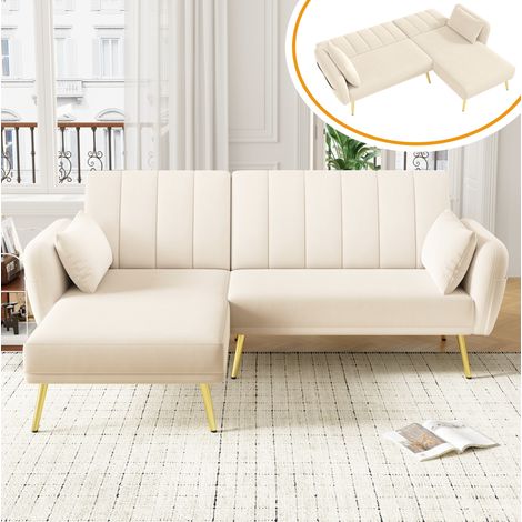 Divano angolare a L, divano da 3 posti con 2 cuscini, tasche laterali, in velluto, piedini in metallo, beige (1/5)