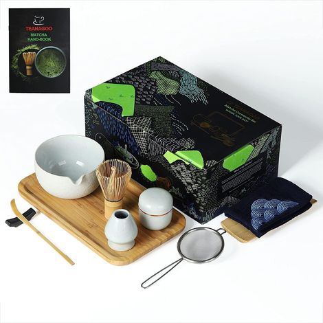 Service à thé japonais avec plateau en bambou, set de fouet à matcha, bol à matcha avec bec verseur, boîte à thé en poudre. O3, gris clair (1/5)