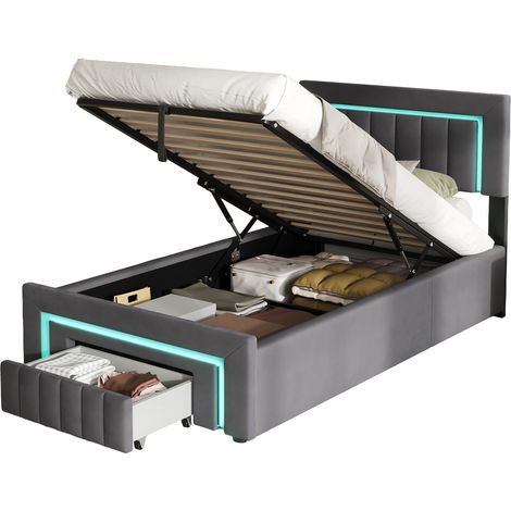 Lit tapissé 90x200 cm, Tissu velours, Rangement hydraulique et éclairage LED, Base à lattes incluse, Gris (1/5)