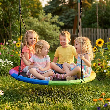 Balançoire nid, hauteur réglable, suspendue Ø 120 cm, jusqu'à 300 kg, pour enfants de 3 à 8 ans. 120 x 120 x 180 cm, multicolore. (1/5)