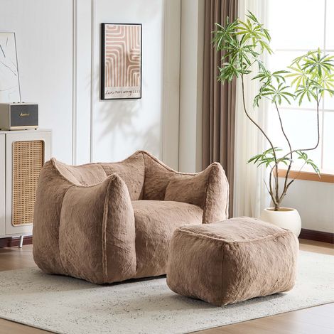 Fauteuil compression peluche avec repose-pieds, fausse fourrure lapin, mousse haute résilience, salon chambre détente (1/5)