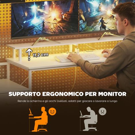 Bureau PC gaming 147 cm blanc avec éclairage RGB, prises électriques, ports USB-C, support CPU ajustable et réversible, écran et 3 tiroirs en tissu. (1/5)