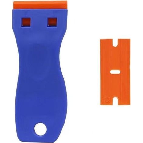 Raspador para vitrocerámica, 2 raspadores de plástico, 100 raspadores para quitar etiquetas, pegamento, pintura, pegatinas y calcomanías, limpieza de ventanas, azul (1/5)
