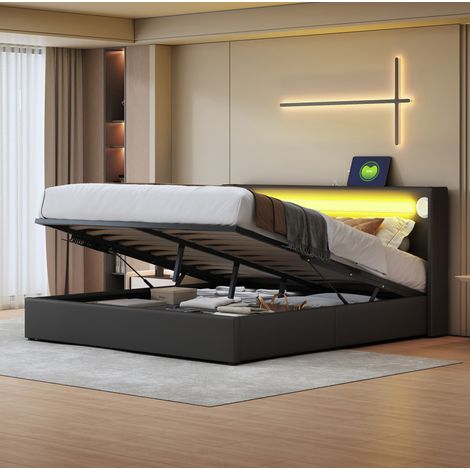 Cama tapizada 160x200 cm negra de polipiel con almacenaje, LED y USB (1/5)