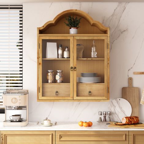 Credenza pensile 60x22x76.5 cm, in legno massiccio e vetro temperato, con ripiani regolabili, cassetti, naturale (1/5)