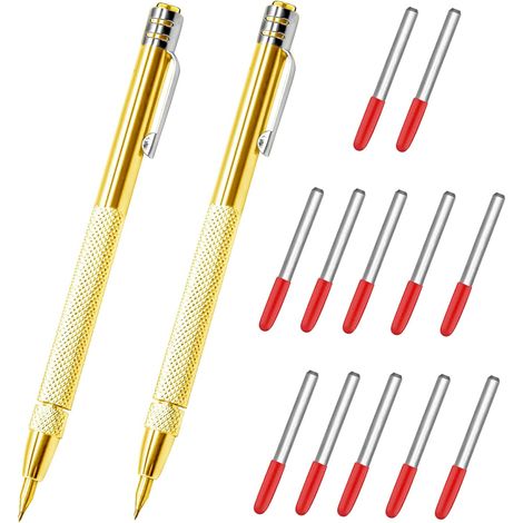 （Or）Lot de 2 pointes de gravure en carbure de tungstène avec 12 pointes de rechange, outil de gravure magnétique en carbure d'aluminium avec clip, stylo à graver pour verre, céramique, acier trempé et